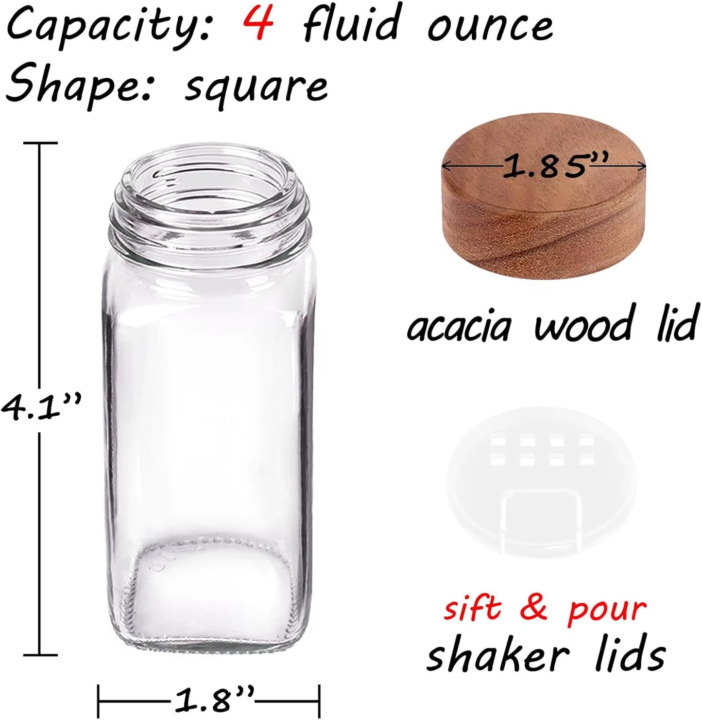 36 Glass Spice Jars with 547 Labels with Shaker Lids - 4 Oz Square Spice Containers with Acacia Wood Lids, Chalk Pen