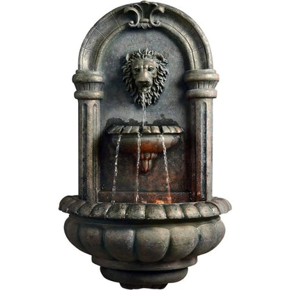 32.1 In. Wall-Mounted Lion Head Stone LED Outdoor Water Fountain for Gardens, Landscaping, Patios, Balconies,Garden Supplies