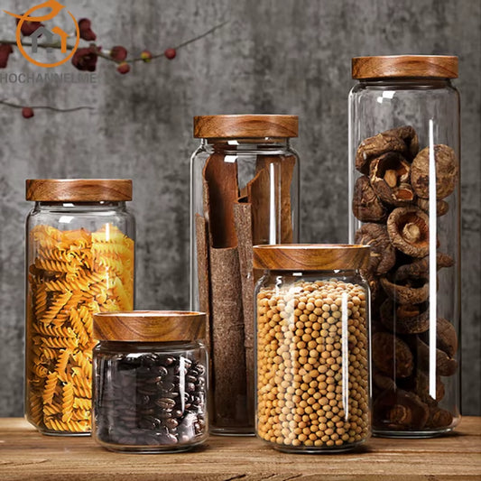 Sealed Mason Jar, Transparent Glass Jars, Food Bottle with Lid, Cereals Storage Jars, Sugar Tea, Coffee Bean Jar, Wood Cover