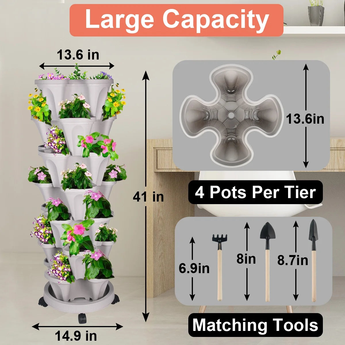 7 Tier Stackable Strawberry, Herb, Flower, and Vegetable Planter - Vertical Garden Indoor/Outdoor(Gray)