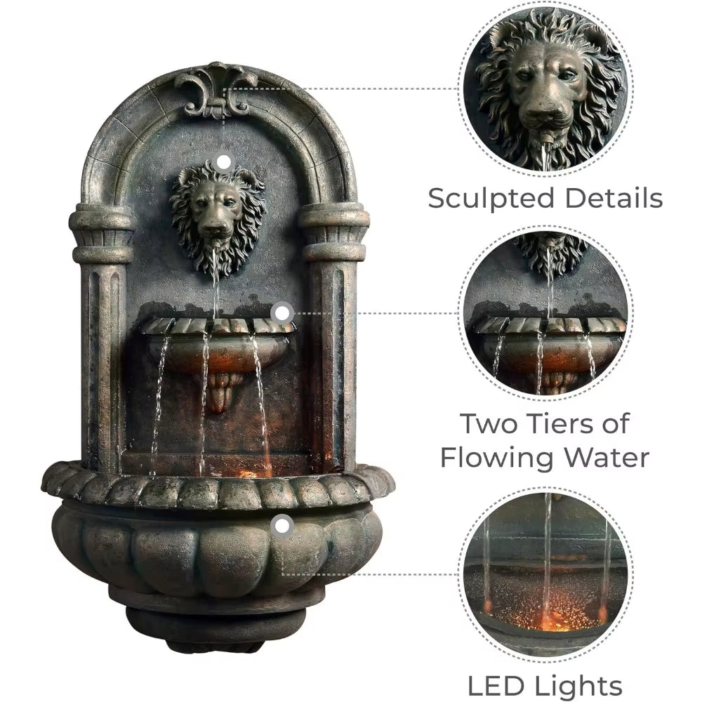 32.1 In. Wall-Mounted Lion Head Stone LED Outdoor Water Fountain for Gardens, Landscaping, Patios, Balconies,Garden Supplies