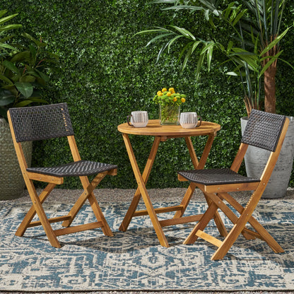 Brooke Outdoor Acacia Wood and Wicker 3 Piece Folding Bistro Set, Teak and Brown