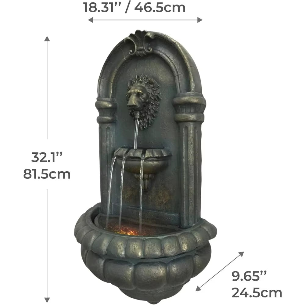 32.1 In. Wall-Mounted Lion Head Stone LED Outdoor Water Fountain for Gardens, Landscaping, Patios, Balconies,Garden Supplies