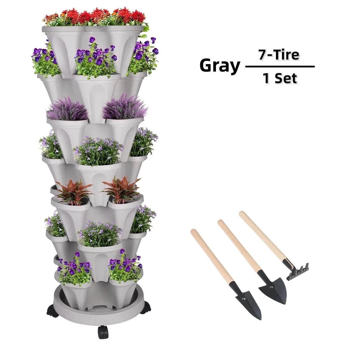 7 Tier Stackable Strawberry, Herb, Flower, and Vegetable Planter - Vertical Garden Indoor/Outdoor(Gray)