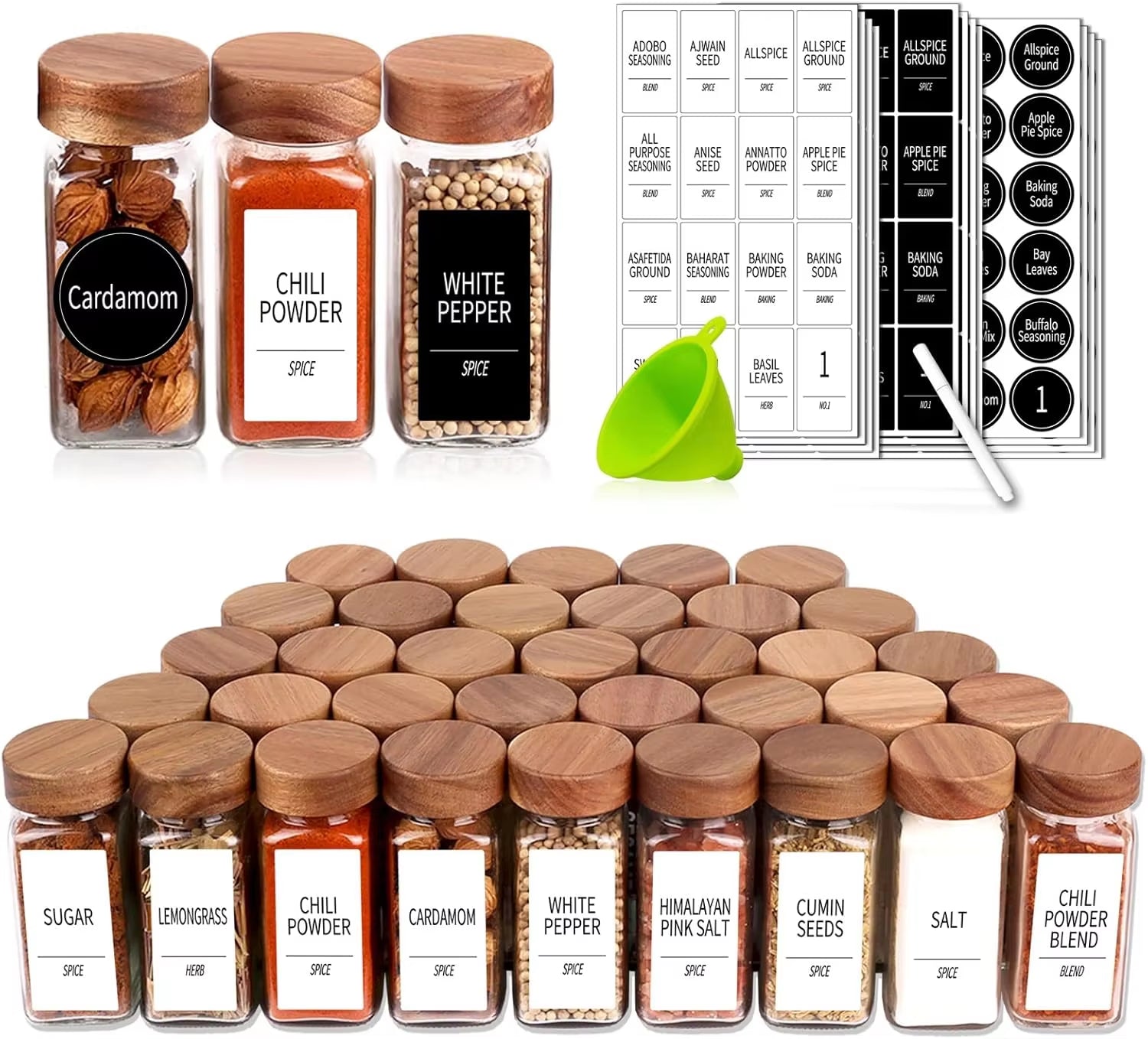 36 Glass Spice Jars with 547 Labels with Shaker Lids - 4 Oz Square Spice Containers with Acacia Wood Lids, Chalk Pen