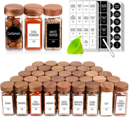 36 Glass Spice Jars with 547 Labels with Shaker Lids - 4 Oz Square Spice Containers with Acacia Wood Lids, Chalk Pen