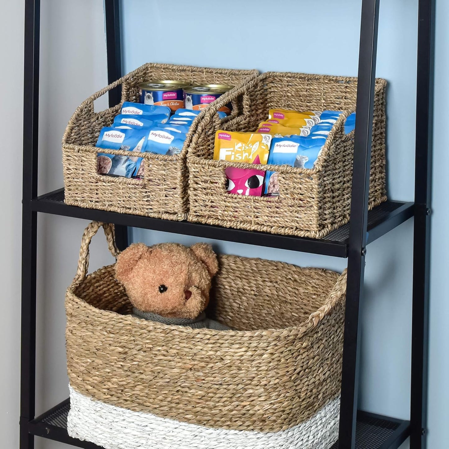 Storage Baskets for Organizing, Wicker Baskets with Built-In Handles, Handwoven Wicker Storage Baskets, Seagrass Wicker Baskets for Shelves Storage, 2 Pack